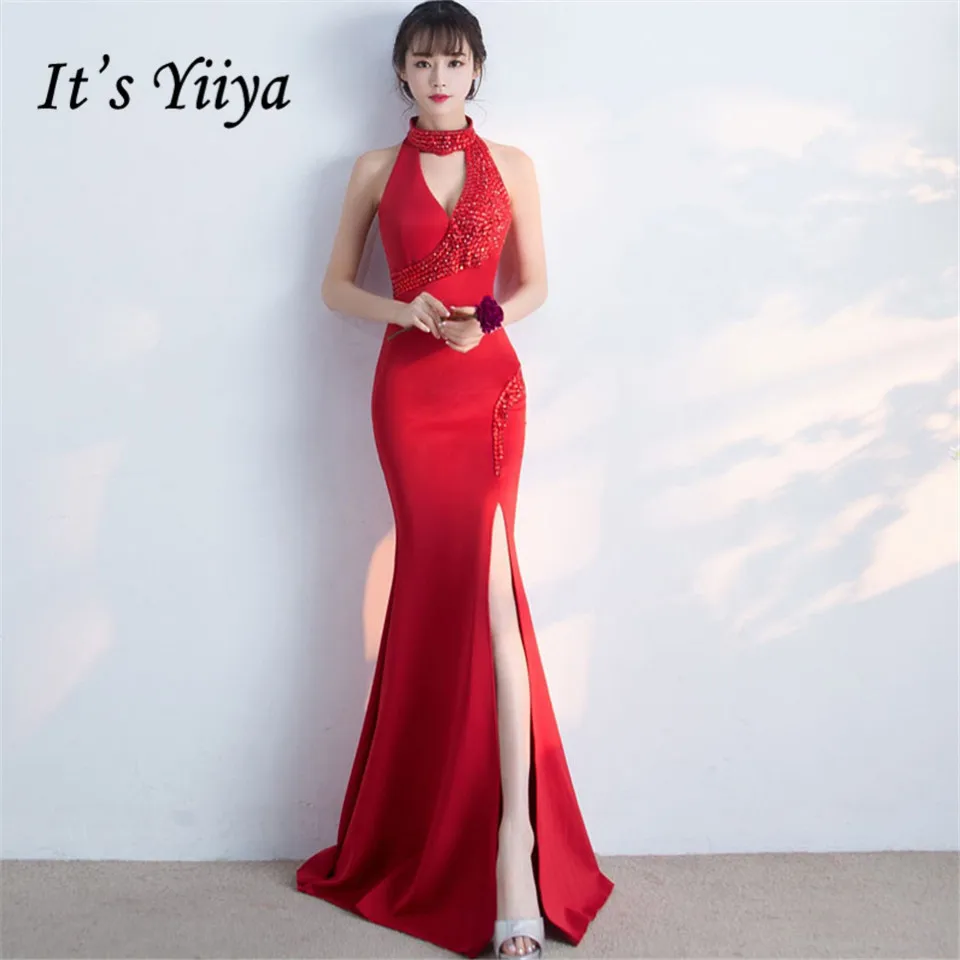 

It's Yiiya Prom dress Elegant Sleeveless Halter Trumpet Party gowns Royal Crystal Floor-length Zipper back evening dresses C242