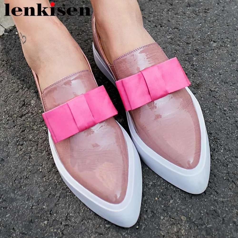 

Sweet butterfly-knot decoration oxford pointed toe slip on low bottom genuine leather loafers daily wear vulcanized shoes L18