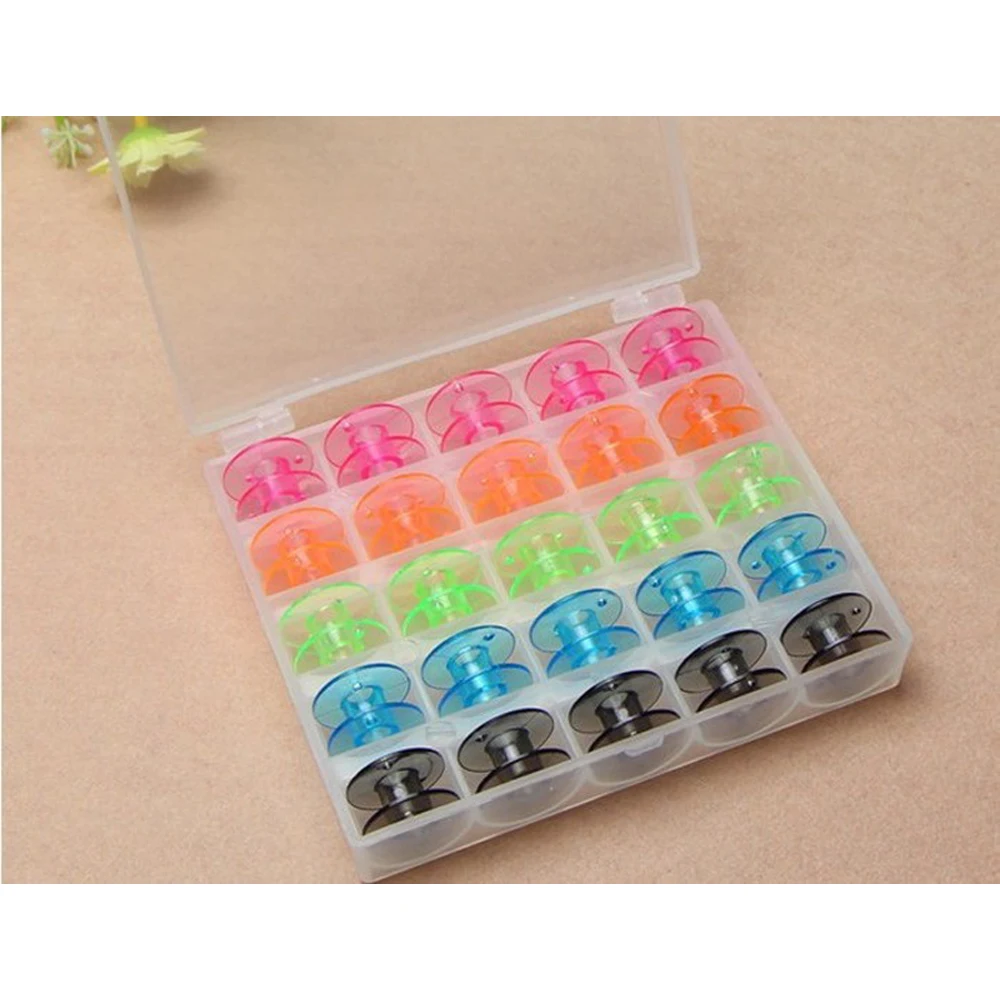 

Colorful 25 Grid Clear Storage Case Box With 25Pcs Empty Colorful Bobbins Spool for Brother Janome Singer Elna Sewing Machine