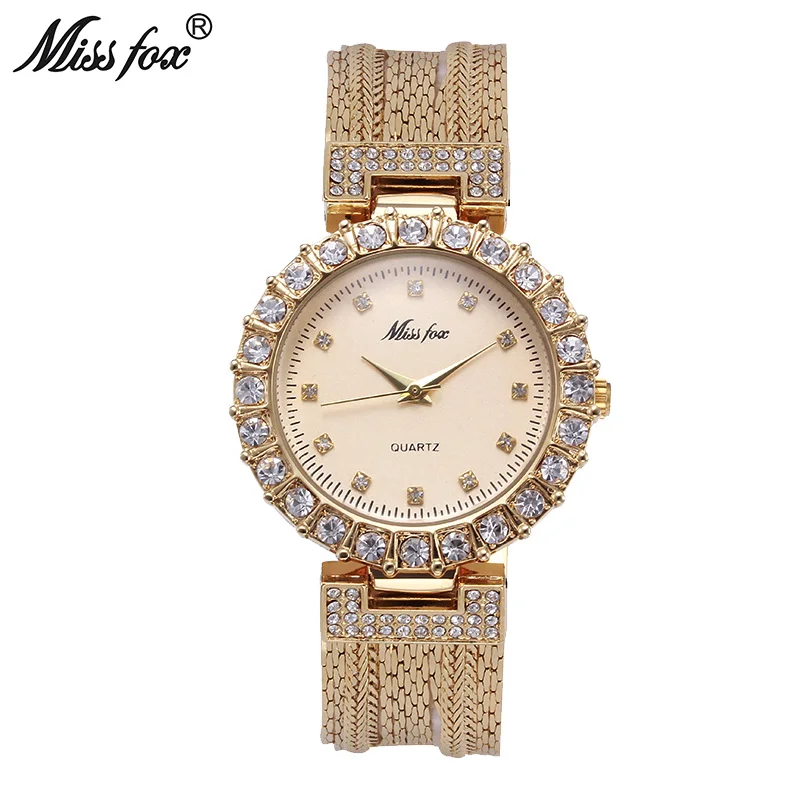 Miss Fox Gold Watch Fashion Brand Rhinestone Water Resistant Steel Mesh Sobretudo Feminino Japan Quartz Movement Women Watches