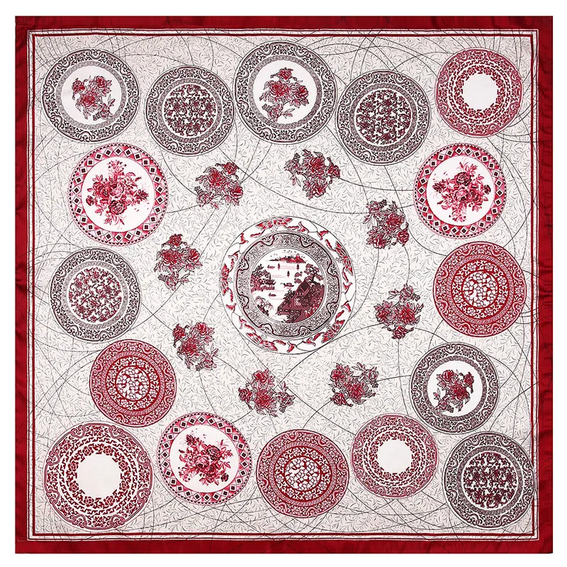 

POBING Women Scarf Luxury China Floral Print Hijab Silk Satin Shawl Foulard Square Head Scarves Lady NeckChief Wraps 90x90CM