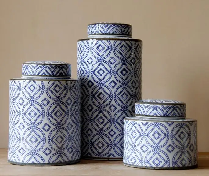 Комплект из 3 предметов классический китайский home decor синий и белый фарфор Керамика ваза храм Jar имбирь банки