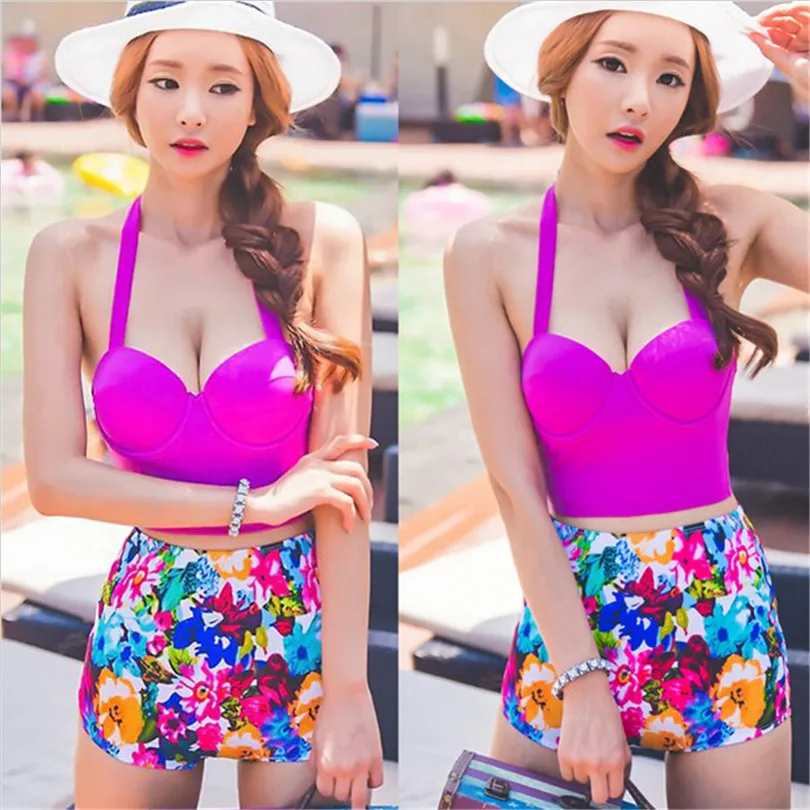 

2017 New Ladies Sexy Vintage Bikini Set Hlater Swimsuit High Waist Bathing Suits Solid Padded Top and Print Bottom