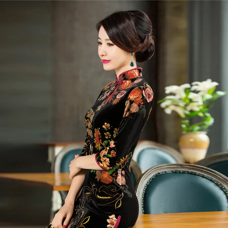 Винтажное китайское женское длинное бархатное платье Cheongsam QiPao, вечернее платье S-4XL