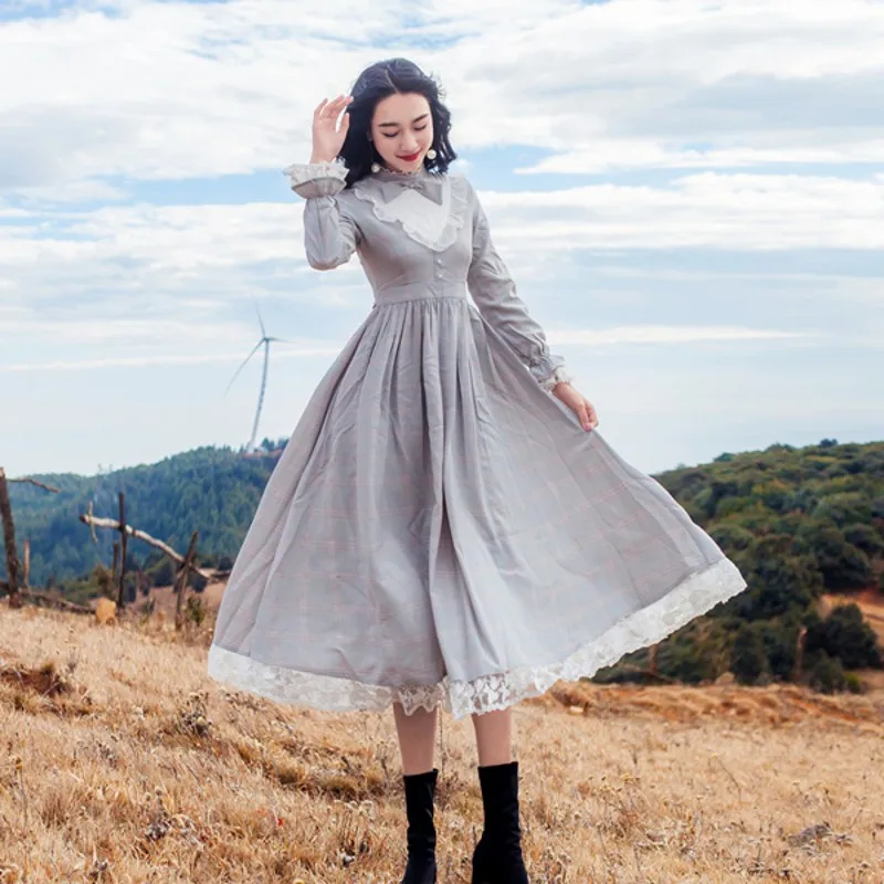 Preppy Style Stand Collar Slim Dress Long Sleeve Art Elegant Splicing Mid-length Fairy Fashion Party Dresses | Женская одежда