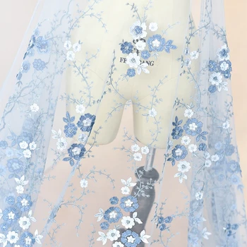 

2D appliqued flowers embroidered tulle mesh lace fabric Champagne, Blue, Light ivory in stock! 1 Yard/lot girls dress lace NEW