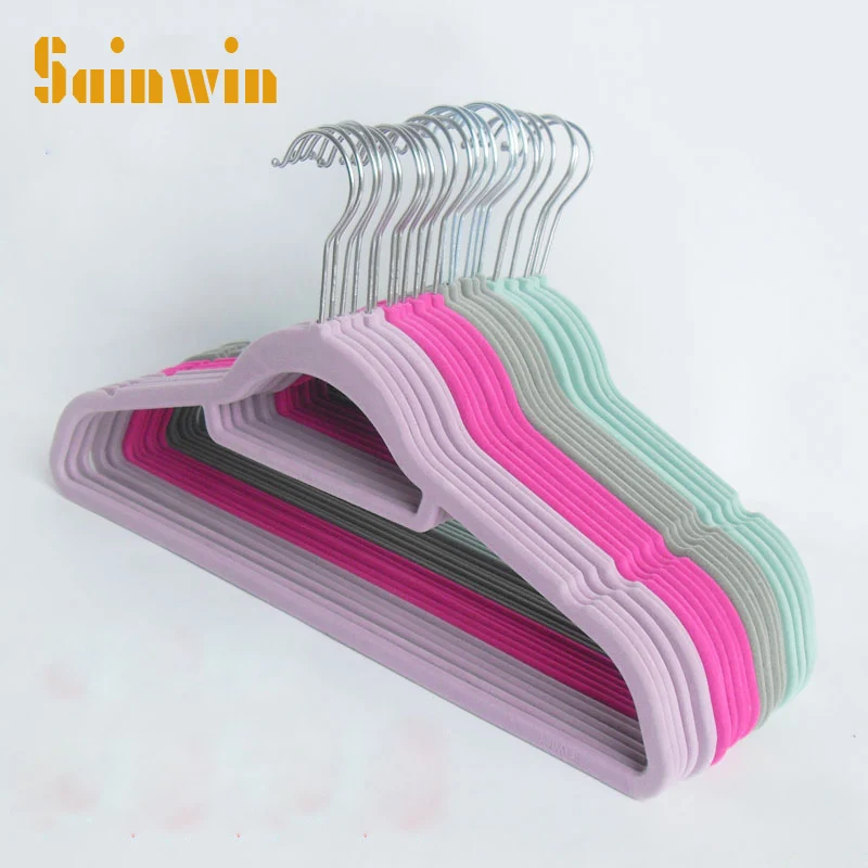 

Sainwin 20pcs/lot 45cm Seamless slip-resistant plastic clothes hangers flock printing multifunctional magic hanger