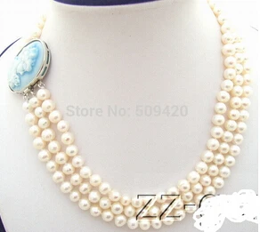 

Free shipping >>@ +3Strds White Round Pearl Necklace-Cameo Clasp