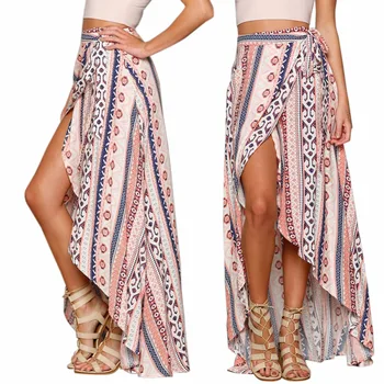 

2019 Boho Vintage Print Harajuku Lace Up Sexy Ankle-Length Casual Summer Bohemian Chiffon Skirts Loose Beach Long Skirts Women