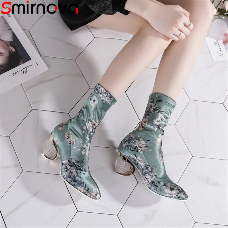 

Smirnova 2019 new ankle boots for women square toe crystal heel elegant prom shoes printing autumn winter boots women