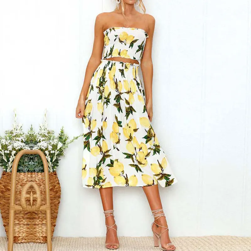 

2019 Summer 2 Piece Set Women Skirt Set Sexy Backless Top and Skirt Set Ladies Beach Set Skirt Female Lemon Sunflower