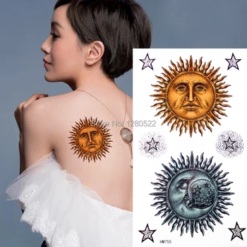 

1sheet Sun Moon Gold Silver Star Totem 3D Temporary Tattoo Sticker Body tattoo Art Tatuagem Temporaria tatoo Lover Men Women