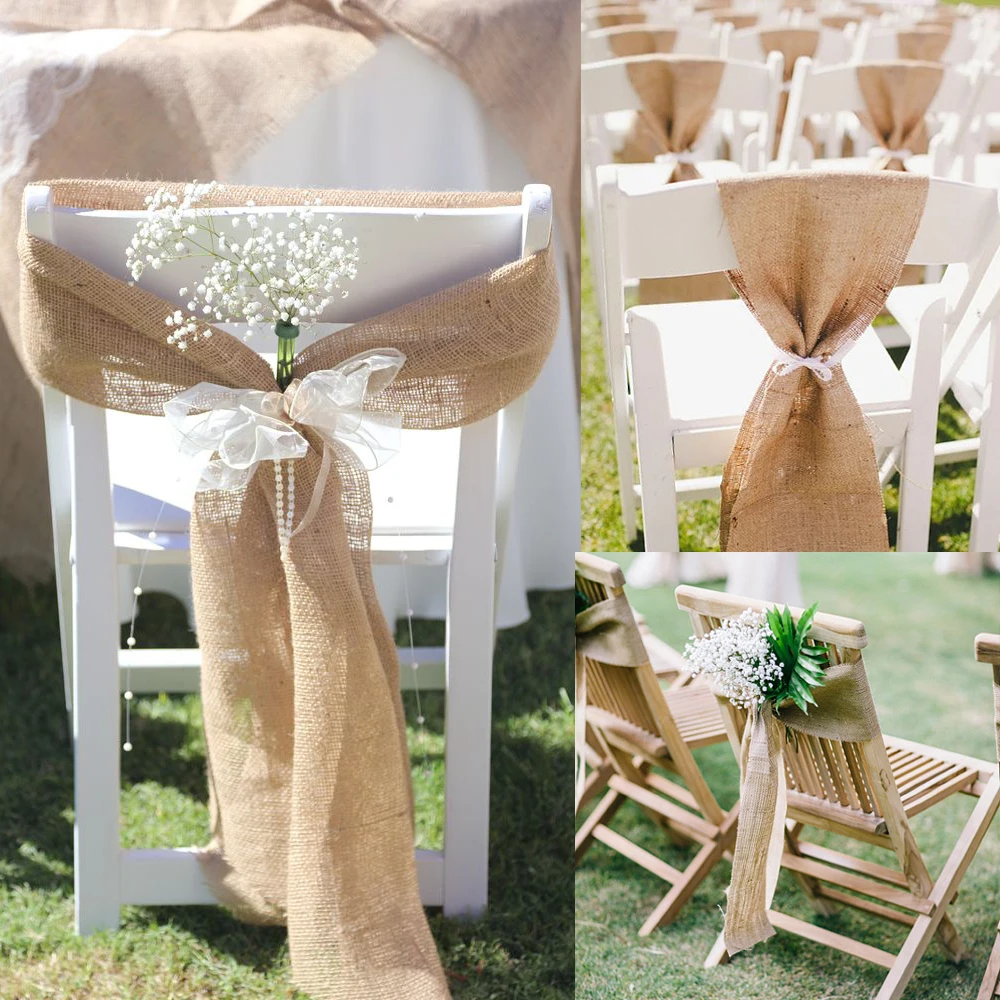 

10pcs/lot 17*275cm jute Burlap Lace Hessian Natural Elegant Burlap Chair Sash Jute Chair Table Tie Bow for Rustic Wedding decor