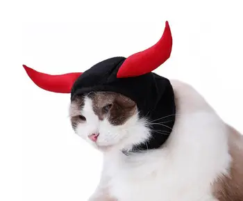 

New Halloween Cat Bull Devil Pet Head Cover Teddy Puppy Kitten Horn Turnover Hat Turban