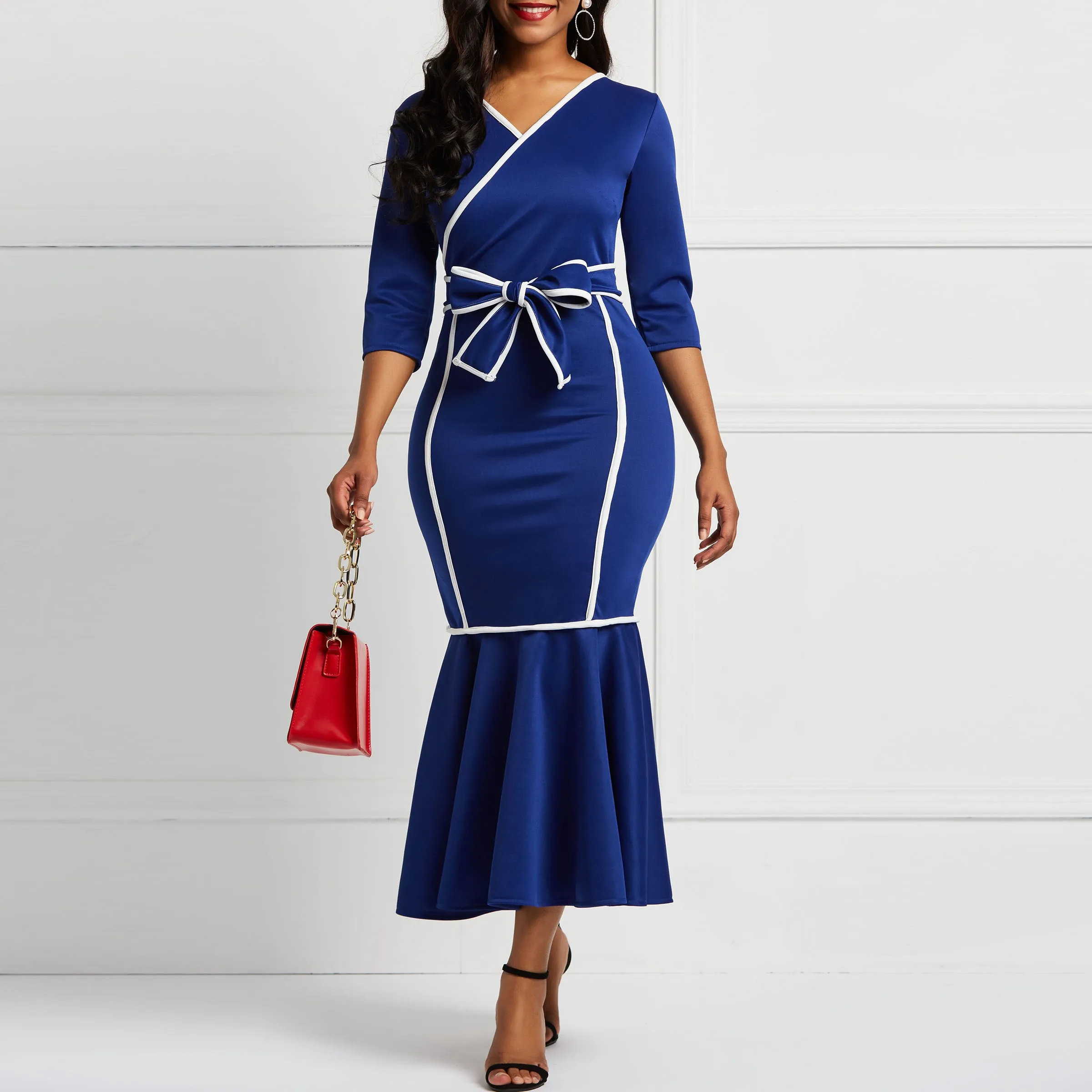 Женское платье с длинным рукавом Русалка Falbala v-образным вырезом цвет блок женские миди платья бант элегантное женское вечернее платье - Цвет: Синий