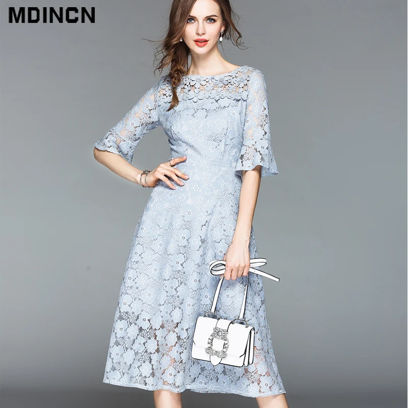 

Slim Summer Dress Solid Color Lace Hollow Carve Women Dresses Selection High-quality fabrics Fashion Women's ClothingLR4