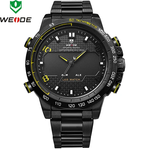 Топ люксовый Бренд WEIDE для мужчин полностью стальные часы Мужские кварцевые аналоговые светодиодный часы мужские модные спортивные армейские военные наручные часы - Цвет: Black Yellow