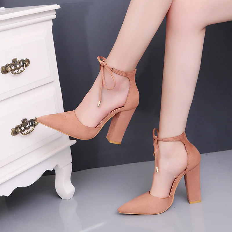 Г. весенние женские замшевые туфли на высоком каблуке женские сандалии женские Вечерние Босоножки на каблуке со шнуровкой Большие размеры 41, 42, 43, туфли-лодочки - Цвет: Light Pink