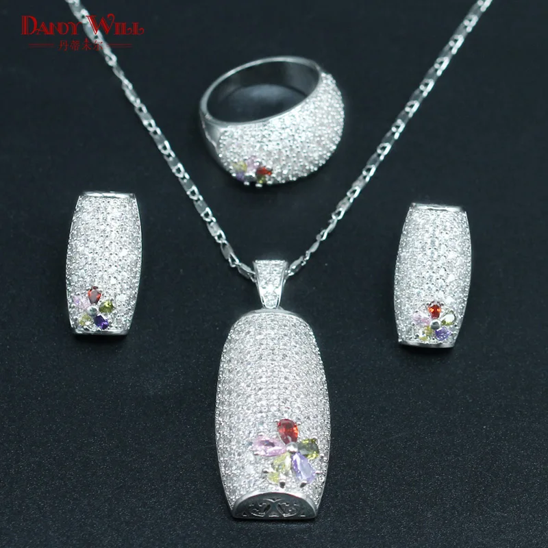 

3PCS Silver Color Bridal Jewelry Set Flower Colorful Multicolor Stones Earrings Ring Necklace Pendant Bracelet For Women