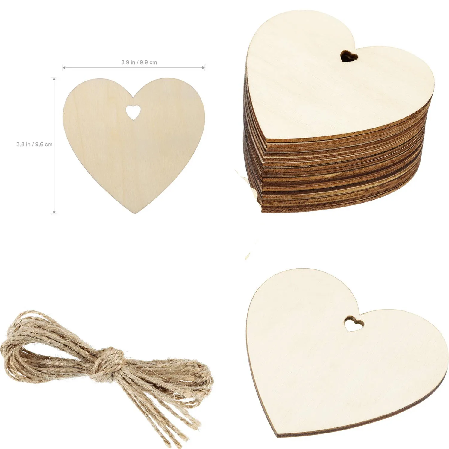 

50pcs 100mm Wooden Love Heart Slices Blank Name Tags Wood Labels Art Craft Pieces for Wedding DIY Projects Card Making