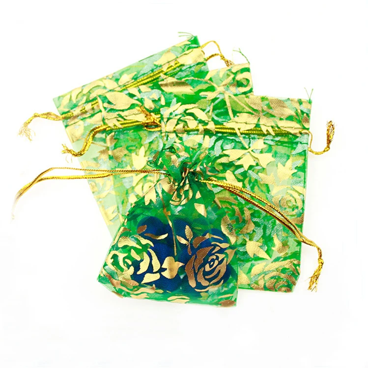 

17*23cm 50pcs Green Golden Rose Gift Bags For Jewelry/wedding/christmas/birthday Yarn Bag With Handles Packaging Organza Bags