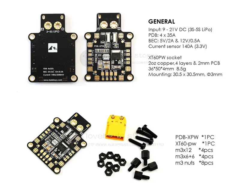 

Matek PDB-XPW 3-5S lipo built-in 140A current sensor for DIY FPV ture-X cross racing quadcopter drone
