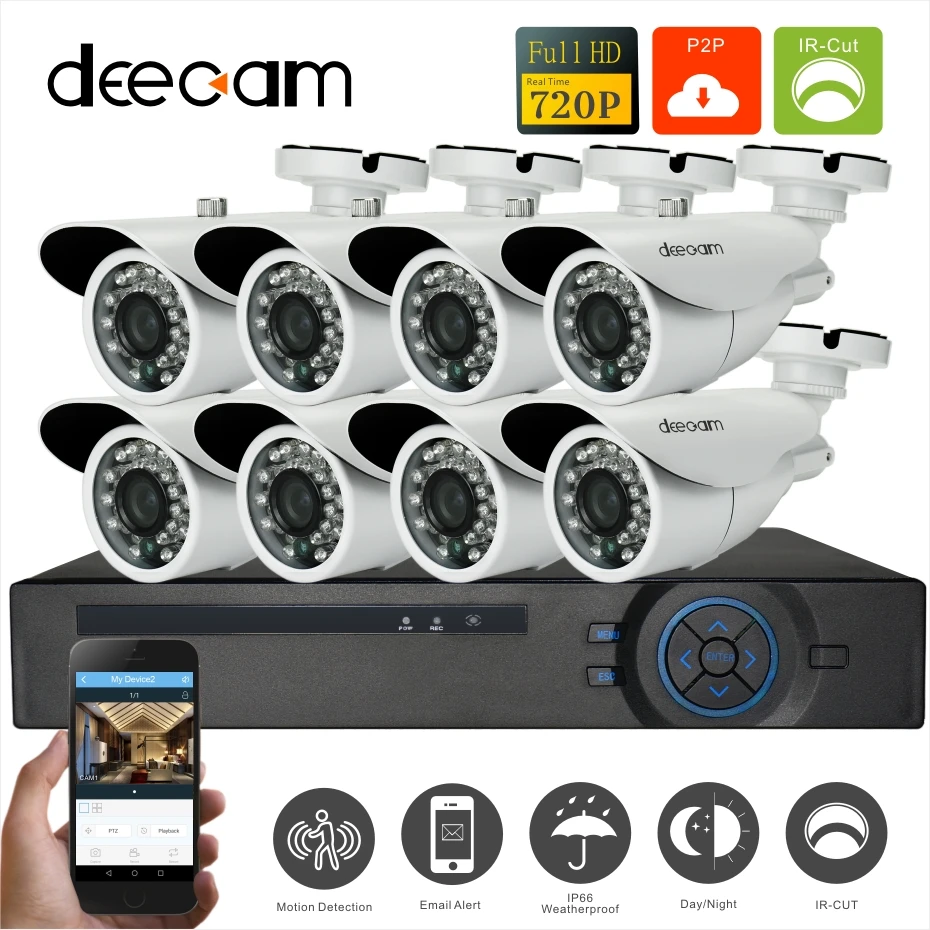Deecam 1.0MP HD CCTV DVR System 8PCS 720P 1200TVL IR Outdoor Video Surveillance Security Camera System 8 channel 8ch DVR KITS Wholesale Security & Protection