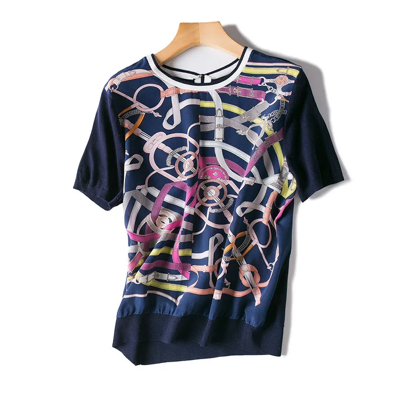 

2018 new women's high-end spring and summer boutique chain printed silk knitted short-sleeved shirt