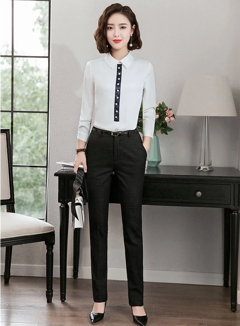 Ladies White Blouses & Shirts Women Business Suits 2 Piece Pant and Top ...