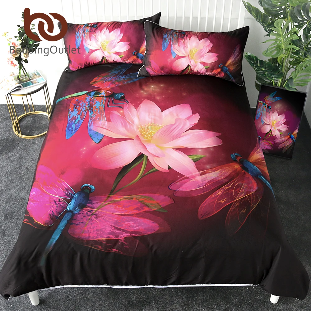 Beddingoutlet Dragonfly Bedding Set Lotus Floral Duvet Cover Set