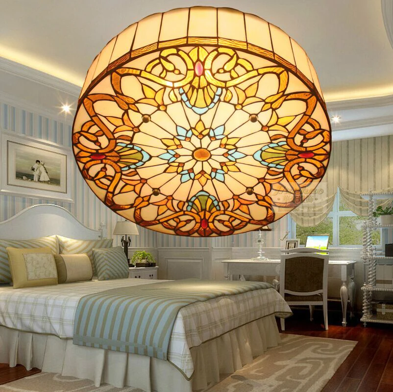 

European Baroque E27 110-240V Pastoral Ceiling Light Tiffany Round Glass Lampshade lamparas de techo abajur