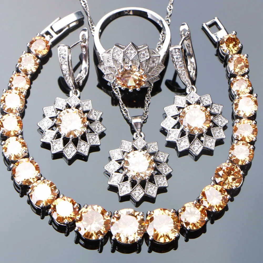 

Bridal 925 Sterling Silver Jewelry Sets Earrings For Women Wedding Jewelry Stone Zircon Bracelet Ring Necklace Set Gifts Box