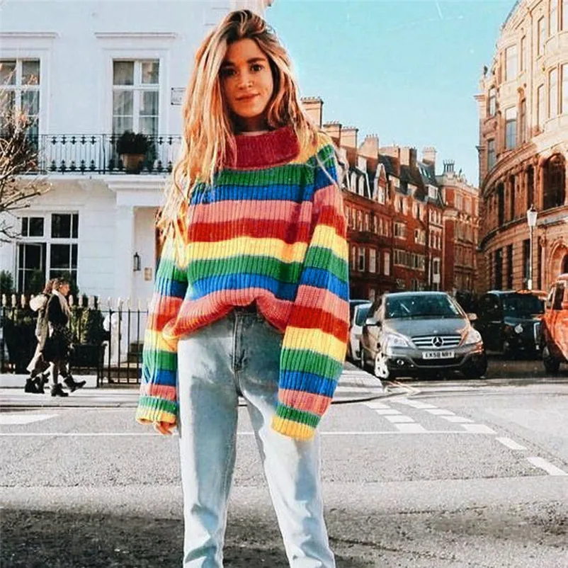 HOT sell sweaters fashion 2018 women Multicolor Stripe Long Sleeve Turtleneck Knitted Sweater Blouse Pullover invierno A28#N (13)