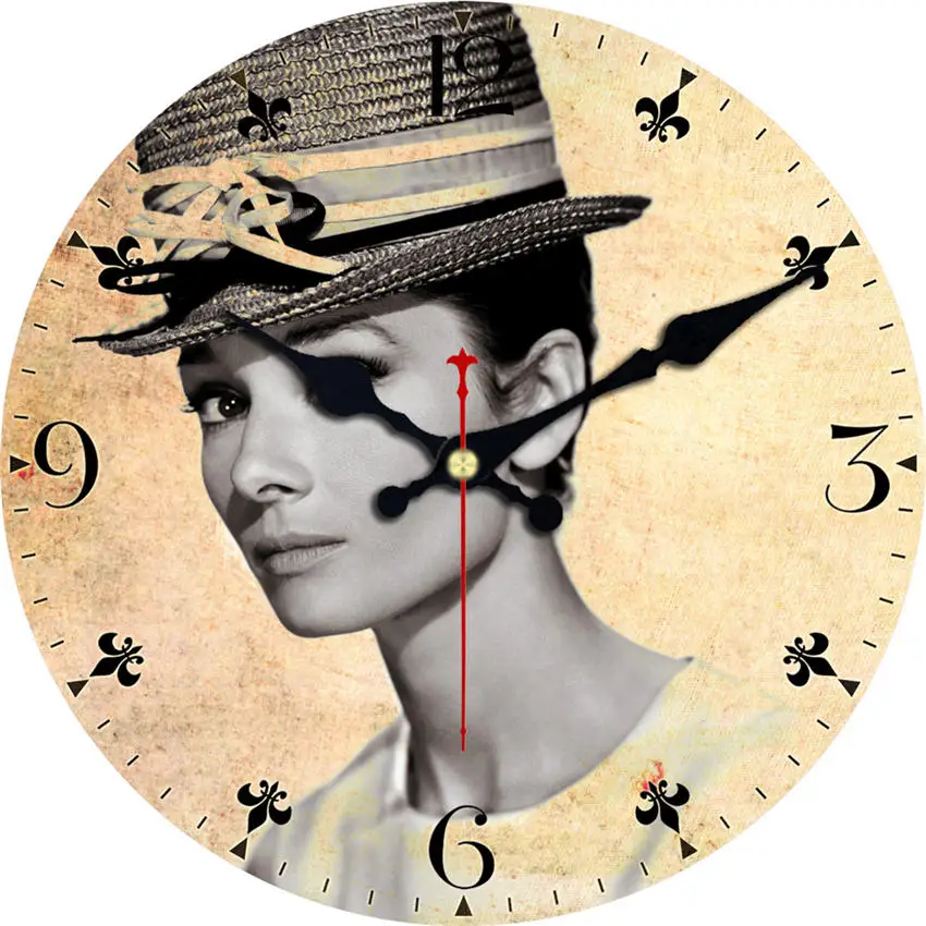 Шикарные Мэрилин красота винтажный Узор Деревянные картонные настенные часы, европейские ретро часы для шикарного домашнего офиса Кафе Декор - Цвет: Woman Wall Clock 14