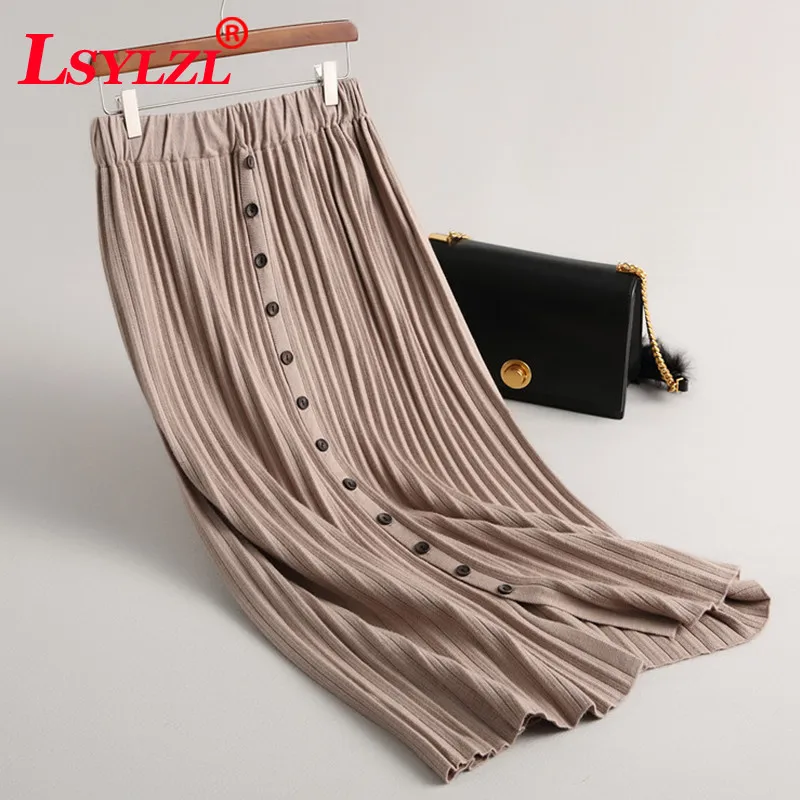 Новинка 2018new, однотонная трикотажная теплая плиссированная юбка миди для женщин, Осень-зима, женские Стрейчевые юбки с высокой талией, женские Q299