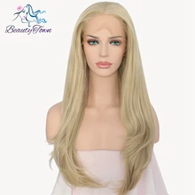 BeautyTown освещенный блонд цвет высокотемпературный волоконный волос Длинные Натуральные Прямые бесклеевые синтетические волосы на кружевном фронте парик