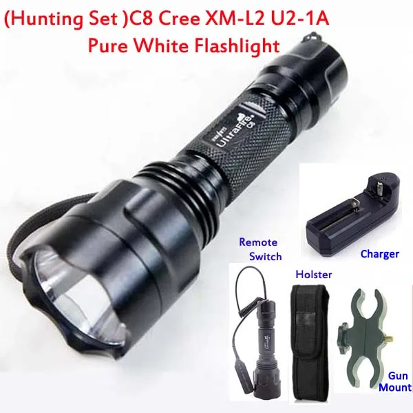 

1800lumen C8 CREE XM-L2 U2-1A 1-Mode(on/off) LED Hunting Flashlight Lamp + Gun Mount/Remote Switch/Holster/Charger