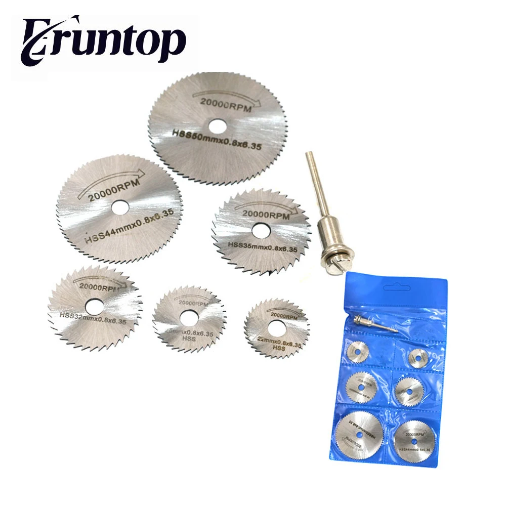 

6 Saw Blade +1pc Pole/set Eruntop Hss High-speed-steel Circular Rotary Blade Wheel Discs Mandrel For Metal Dremel Tools Wood Cut