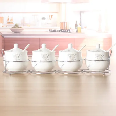 Мультяшный Дораэмон Роза пандон сахарница домашняя кухня 4 в 1 Набор керамика соль приправа горшок банки с ложками - Цвет: Design 22