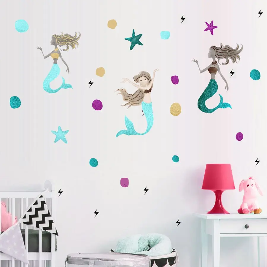 Three Colorful Mermaid Stickers On The Wall Dots And Stars Decals Decoration For House Nursery Kids Room Modern Art Waterpaper (5)