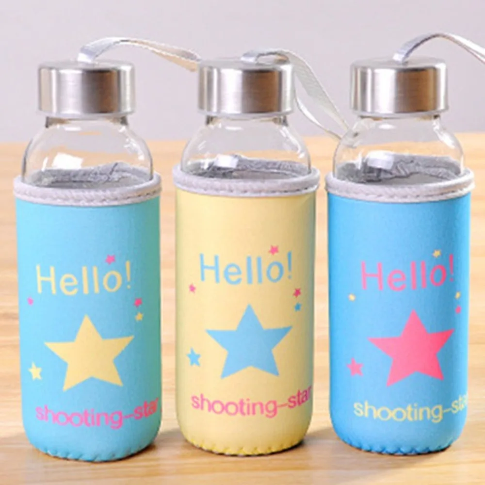 

300ml Outdoor Travel Glass Bottle Borosilicate Glasses Water Bottle Leak-proof Stainless Steel Cap With Cloth Sleeve Cover