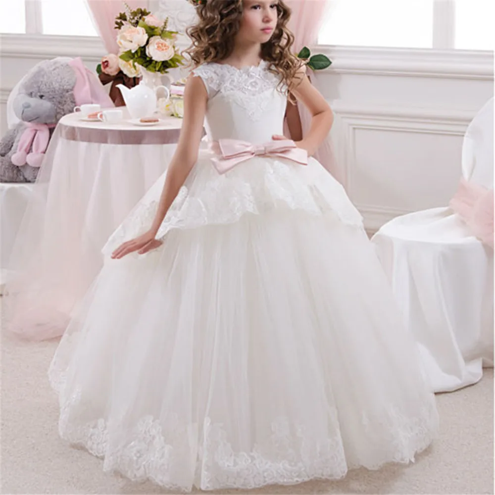 

New Flower Girls Dresses Lace Appliques Cap Sleeve Ball Gowns Beading Floor Length Pageant First Communion Dresses Wedding