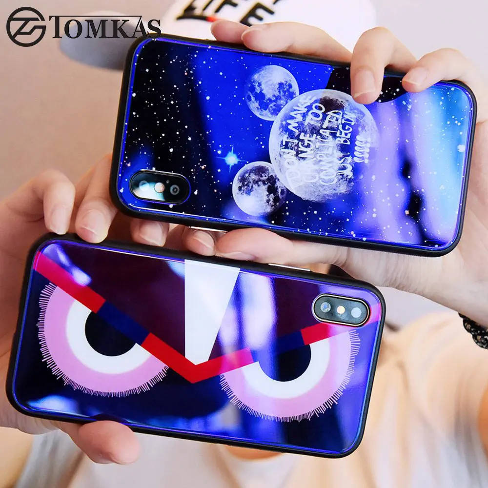 

TOMKAS Blue Ray Tempered Glass Case For iPhone 7 Case Cartoon Pattern Cases For iPhone X 6 6S 8 Plus Cover Animal Phone Coque