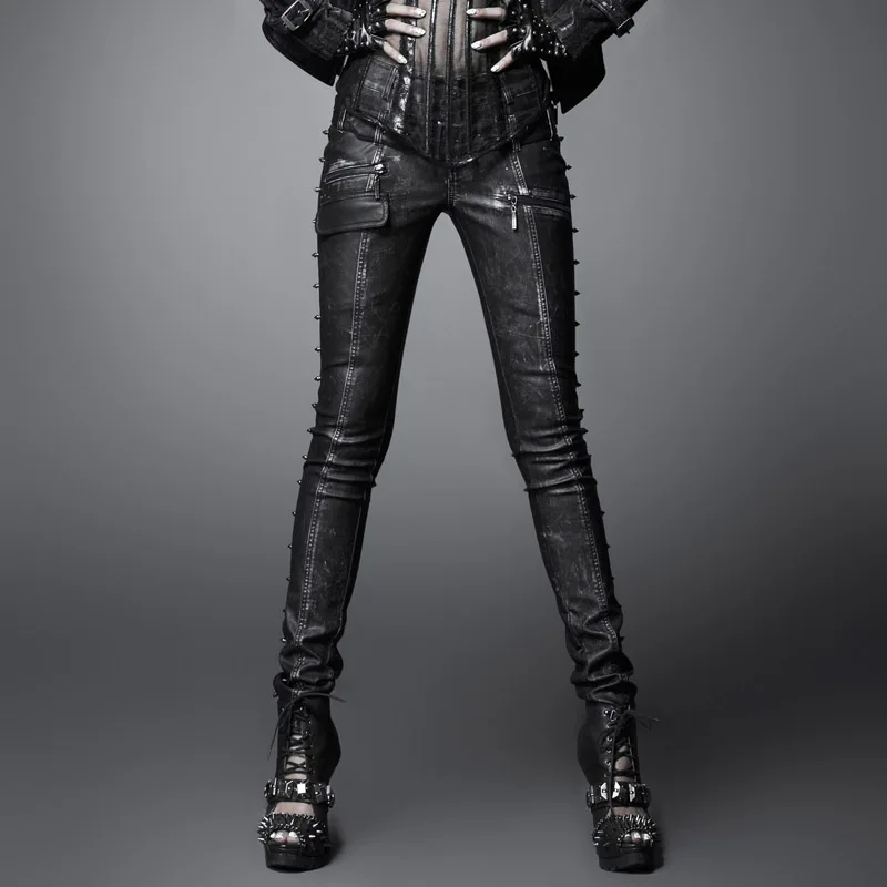 В стиле панк модные рок-н-ролл Для женщин узкие кожаные штаны Готический стимпанк пикантные PU Мотобрюки с Заклёпки