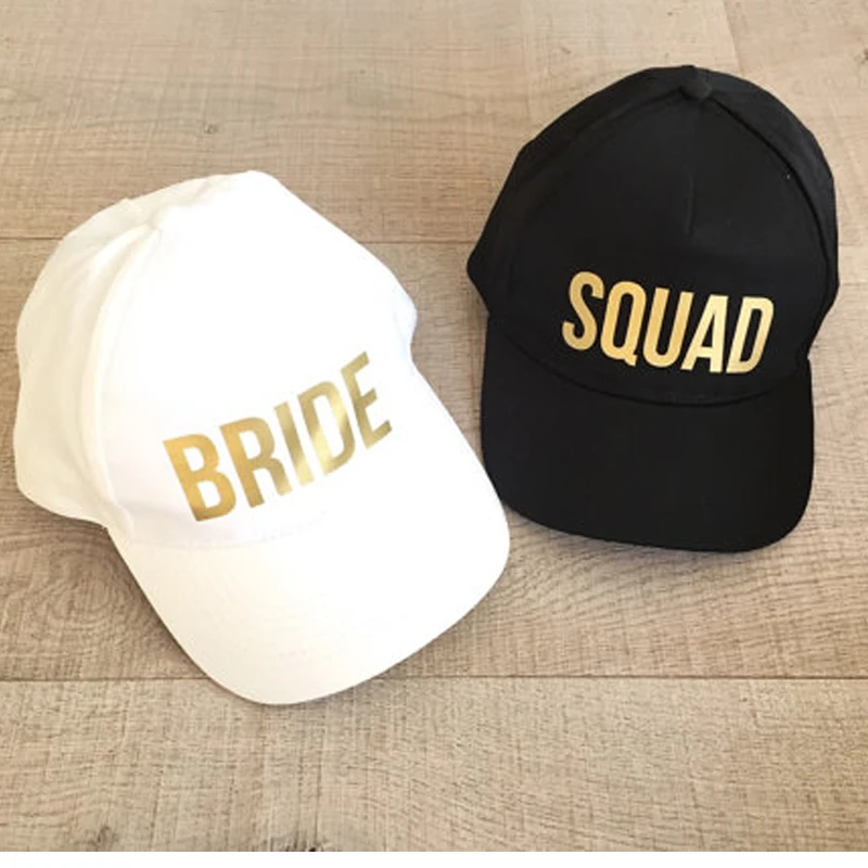 BRIDE SQUAD Golden Print Bachelorette Hats Women Wedding Preparewear Baseball Caps White Black Summer Free Shipping cute baseball caps for women