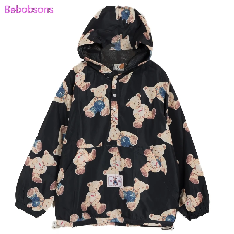 

Women Autumn Pullover Coats Hoodie Loose Sweet Mesh Lining White Black Bears Printed Patchwork Spring Autumn Ladies Jackets