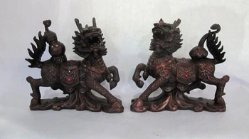

bi002125 Chinese Fengshui Red Bronze Copper Ruyi Gourd Foo Dog Lion Kirin kylin Pair