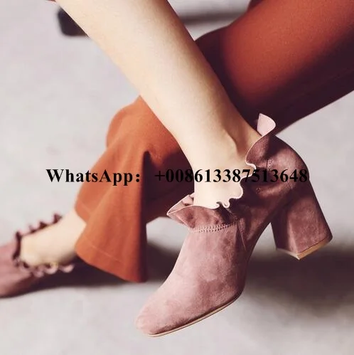 

2017 Newest Retro Ruffles Suede Ankle Boots Women Black Thick Heels Square Toe High Heel Shoes Banquet Party Boots Real Photo