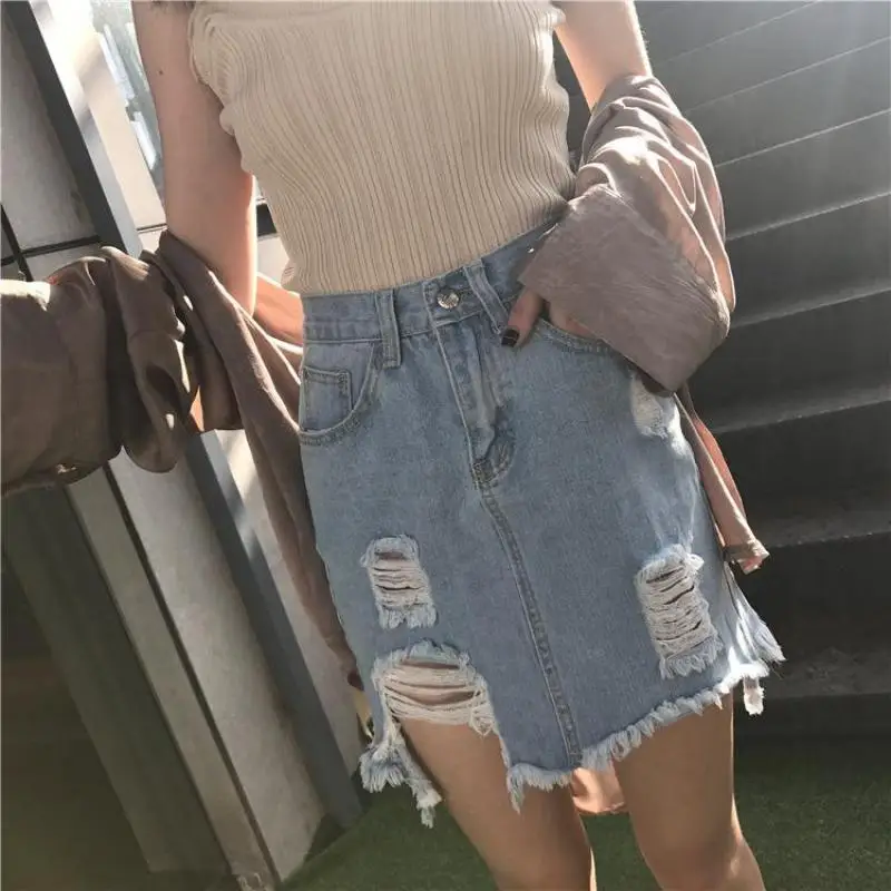 2019 Летняя женская новая джинсовая юбка с дырками, посылка юбка талией, юбка-карандаш с рисунком, бесплатная доставка