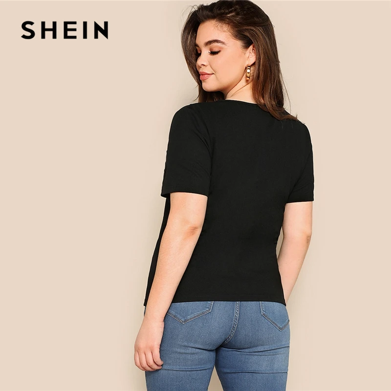 SHEIN زائد حجم مثير الأسود قفص نير شكل تركيبها عادي المحملة تي شيرت المرأة 2019 الصيف جولة الرقبة قصيرة الأكمام قمم المحملات